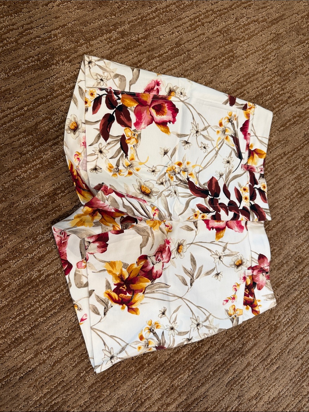 Floral White Women's Summer Shorts with Pink & Mustard Blooms